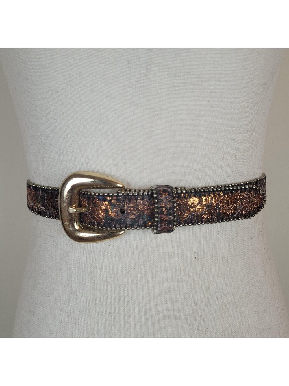 Vintage Brown Leather Belt Med Gold Glitter 90s Sparkle Boho Textured Abstract